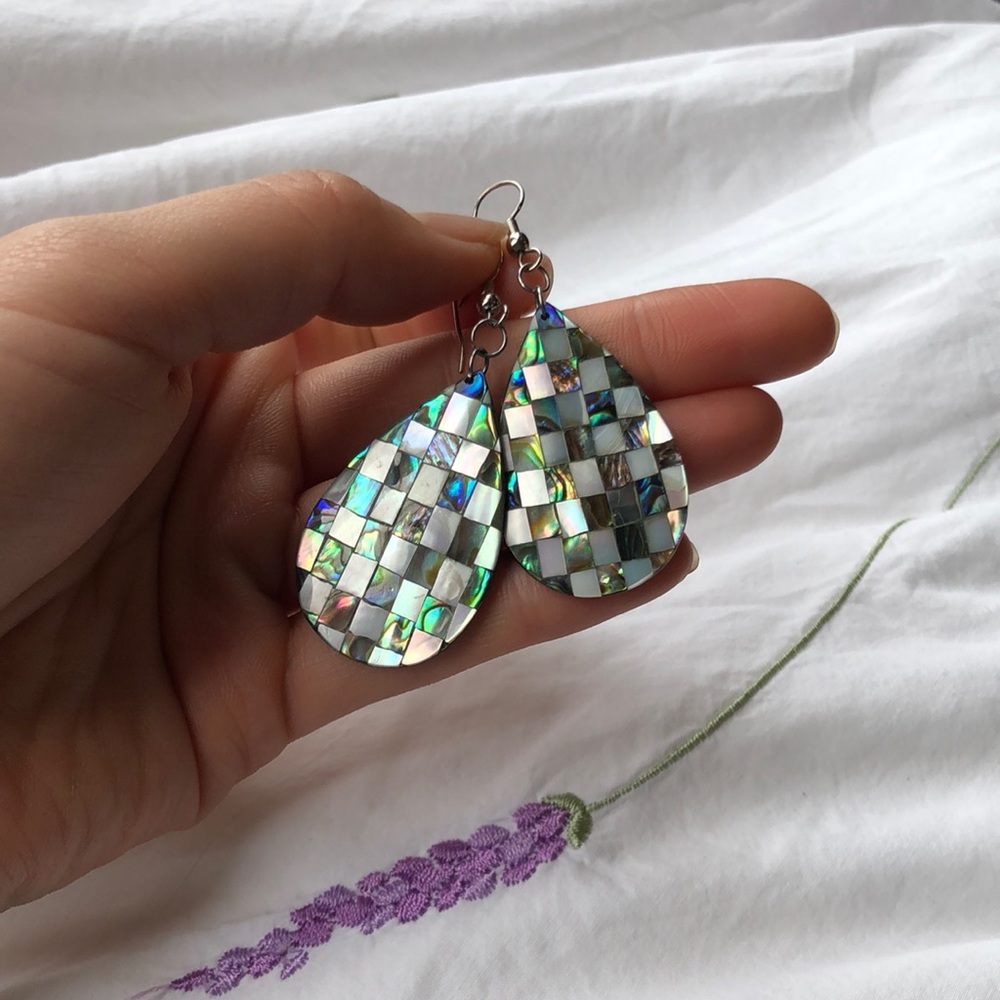 Abalone and Mother of Pearl Checkered Teardrop Earrings